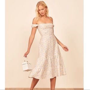 Reformation Toulouse Linen Dress Floral - Off shoulder Like new, Size 2